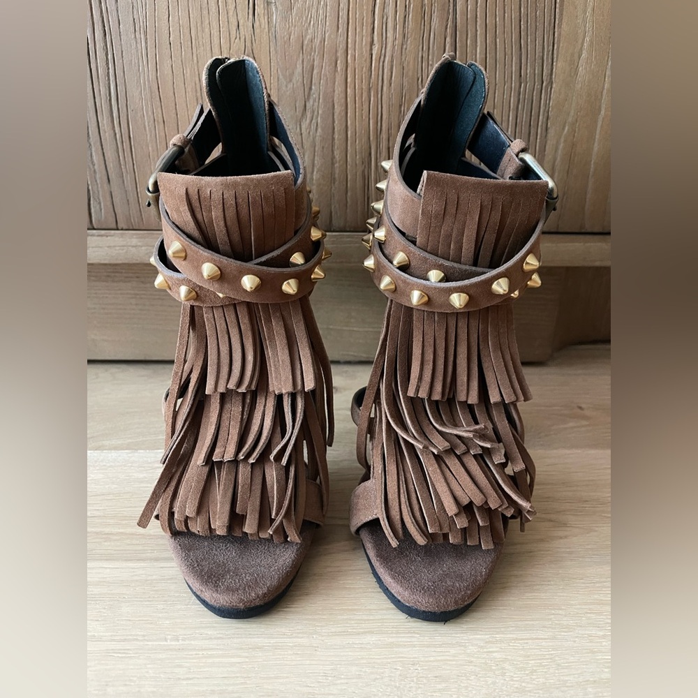 UNWORN Giuseppe Zanotti Brown Fringe Heels with Gold Studs